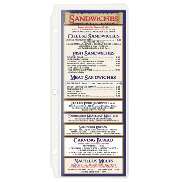 A Menu Solutions clear vinyl sheet protector with a sandwich menu inside.