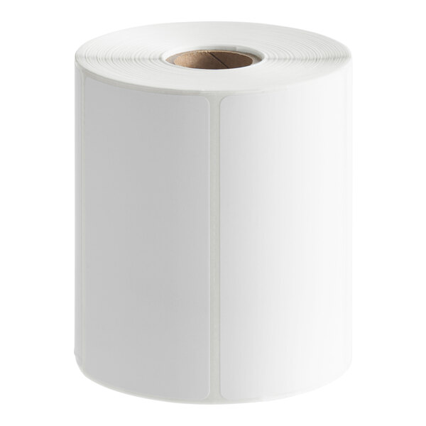 A roll of blank white direct thermal permanent labels measuring 4 by 2 inches.
