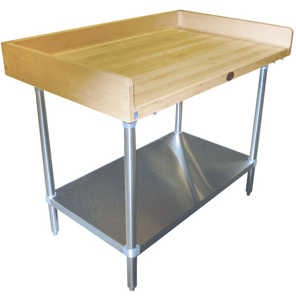 A wood table with a galvanized metal undershelf.