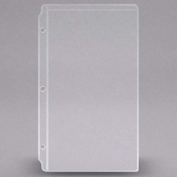 A clear vinyl Menu Solutions sheet protector with three holes.