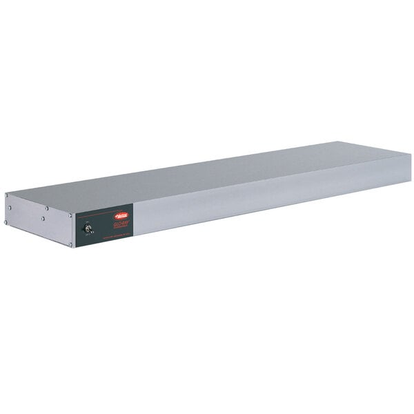 A white rectangular metal shelf with red lights.
