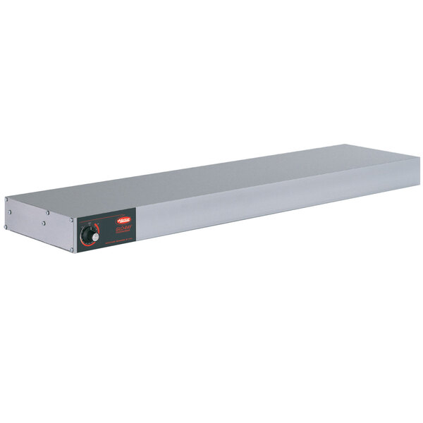 A long rectangular silver metal shelf with a red light and a knob on each end.