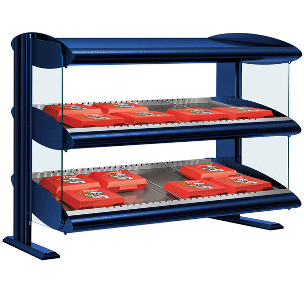 A navy blue Hatco countertop display case with two shelves.