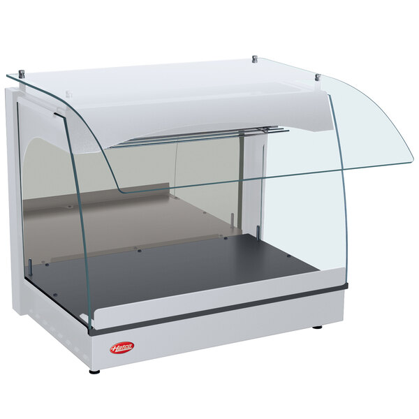 A white Hatco countertop display warmer with a clear glass top.