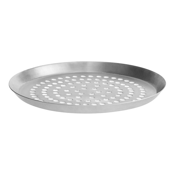 An American Metalcraft round silver aluminum pizza pan with holes.