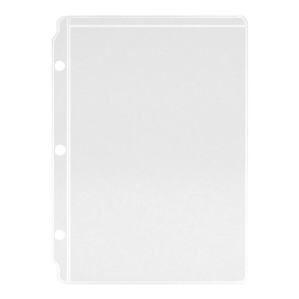 A clear vinyl three-hole sheet protector designed to hold 5 1/2" x 8 1/2" pages.