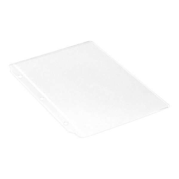 A clear vinyl three-hole sheet protector designed to hold 5 1/2" x 8 1/2" pages.