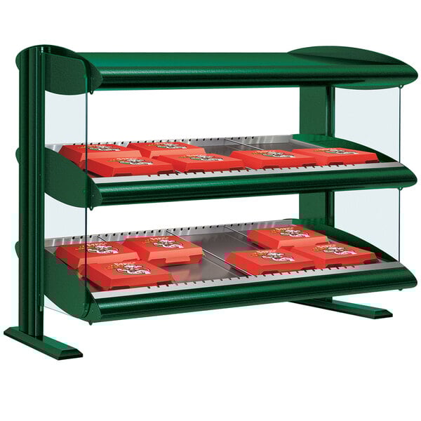 A Hatco Hunter Green LED countertop display case with a red shelf.