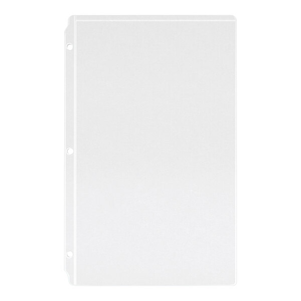 A clear vinyl three-hole sheet protector designed to fit 8 1/2" x 14" paper.