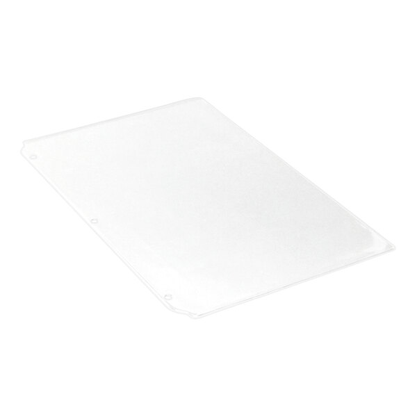 A clear vinyl three-hole sheet protector designed to fit 8 1/2" x 14" paper.