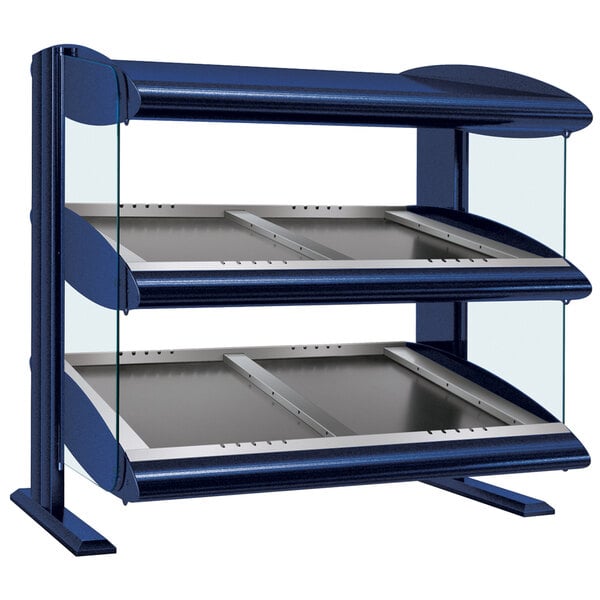 A navy blue Hatco heated zone merchandiser with slanted glass shelves.