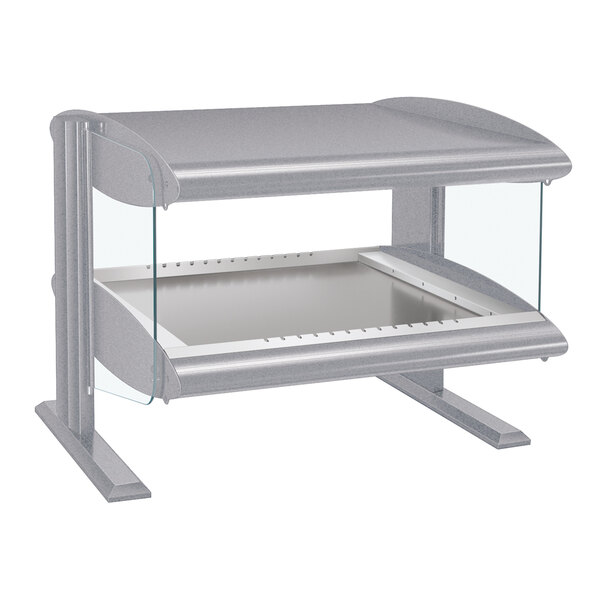 A white rectangular display case with a glass top and a shelf inside.