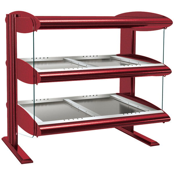 A red and silver Hatco countertop display rack with heated glass shelves.