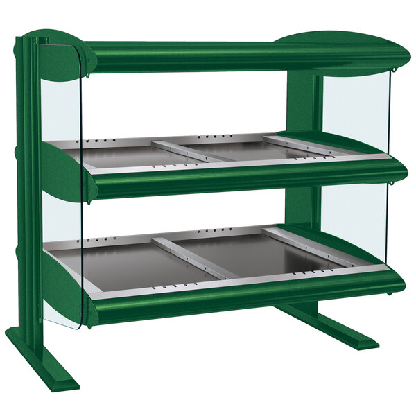 A Hunter Green Hatco heated zone merchandiser with double glass shelves.