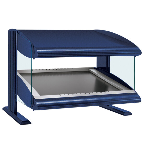 A blue and silver Hatco countertop food warmer display case.