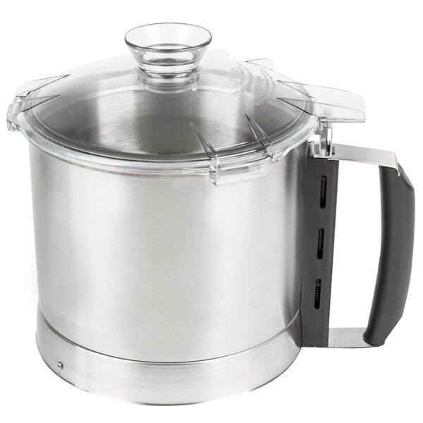 A silver stainless steel Robot Coupe food processor batch bowl with a clear lid.