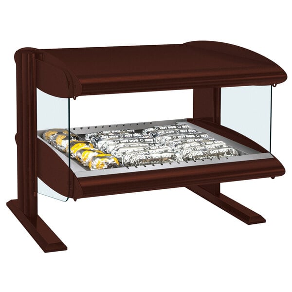 A Hatco countertop heated zone merchandiser with food on a tray in a display case.