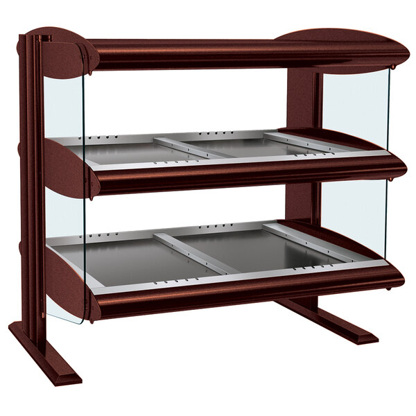 A Hatco horizontal double shelf heated zone merchandiser with copper shelves on a countertop.