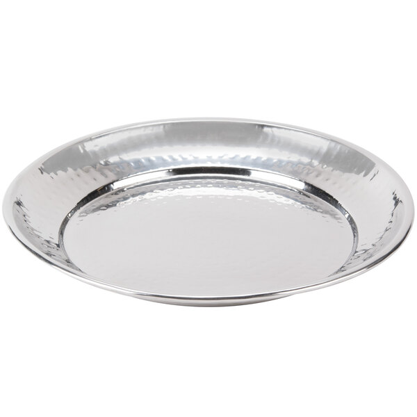 An American Metalcraft round stainless steel tray with a hammered texture and a rim.