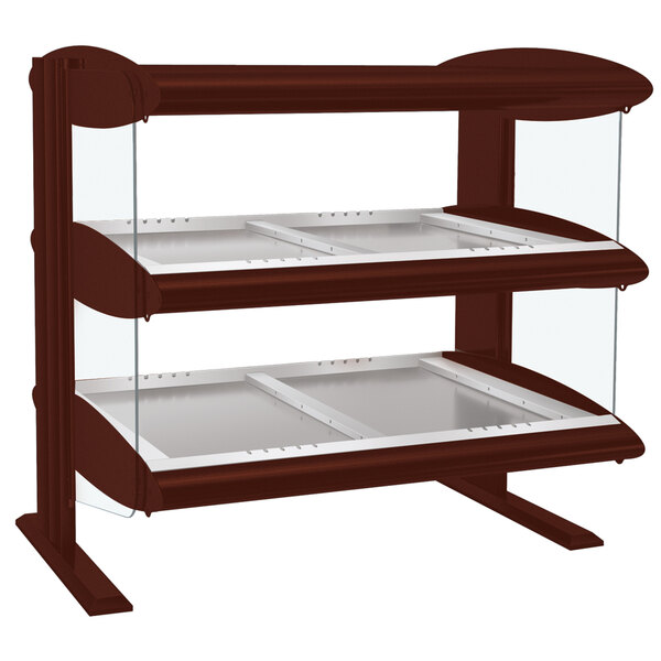 A white and brown Hatco heated zone merchandiser with glass shelves.