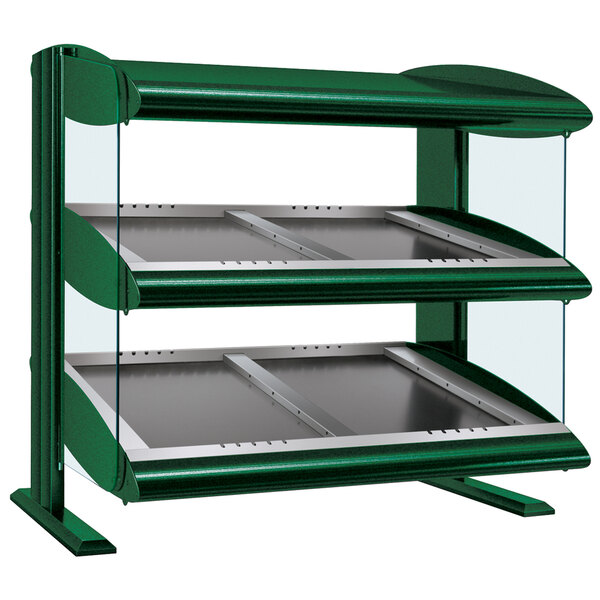 A Hunter green Hatco heated zone merchandiser with slanted glass shelves.