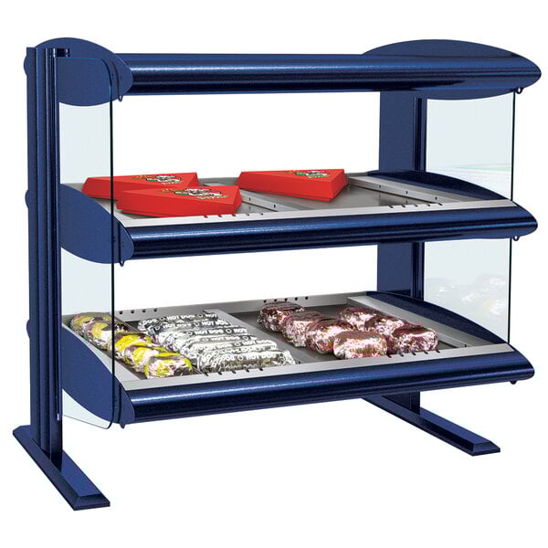 A navy blue Hatco countertop heated zone merchandiser with food on shelves.