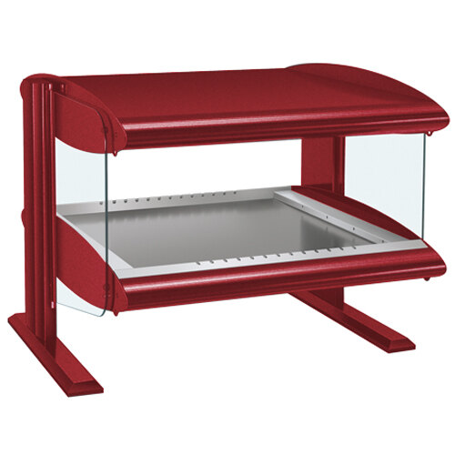 A red Hatco countertop hot food display warmer with a glass top.