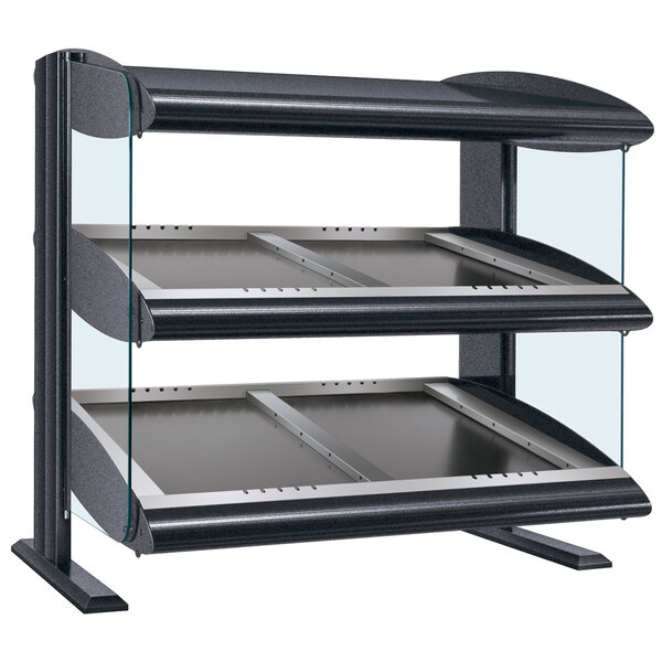 A black and gray granite countertop display case with two slanted glass shelves.