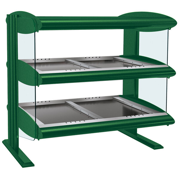 A Hunter Green Hatco heated zone merchandiser with double shelves and glass shelves.