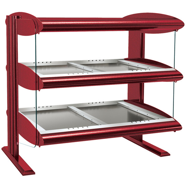 A red and silver Hatco countertop display shelf with two heated zones.