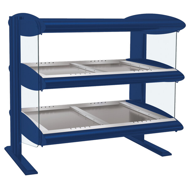 A navy blue Hatco countertop heated zone display case with glass shelves.