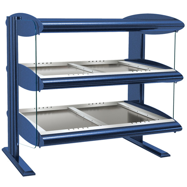 A blue metal Hatco countertop heated zone merchandiser with glass shelves.