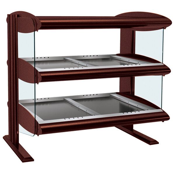 A Hatco countertop heated zone merchandiser with two glass shelves.