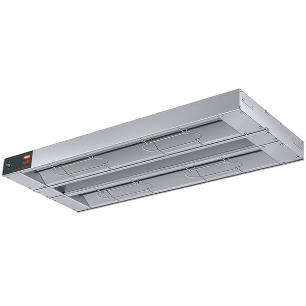 A Hatco rectangular metal dual infrared warmer with toggle controls and a label.