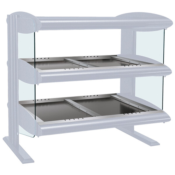 A close-up of a white Hatco heated zone merchandiser shelf with a silver tray.