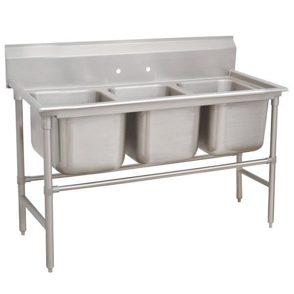 A stainless steel Advance Tabco three compartment pot sink.