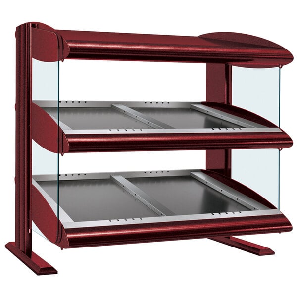 A red Hatco heated countertop display case with two slanted glass shelves.