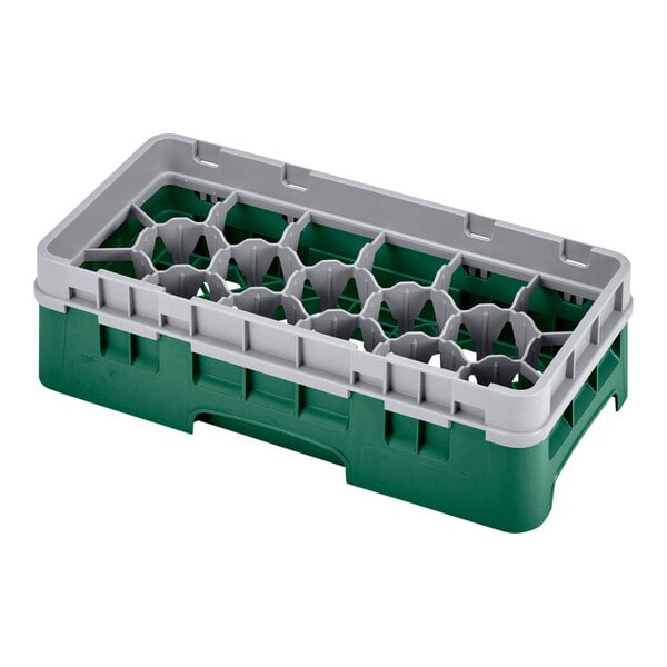 A green and grey plastic Cambro glass rack with 17 compartments.