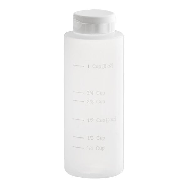 A clear plastic 8 oz. basting bottle with measurement markings and a white storage cap.