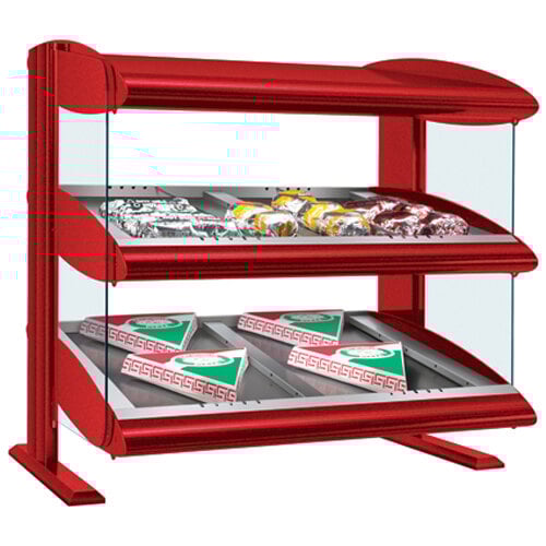 A red Hatco countertop heated zone merchandiser with food on shelves.