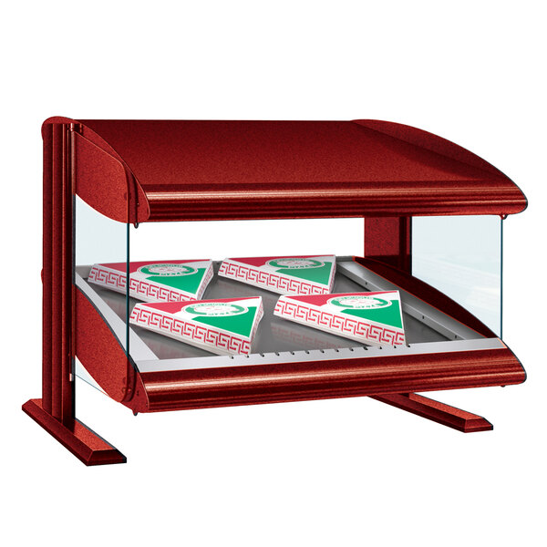A red Hatco countertop heated display case with pizza boxes inside.