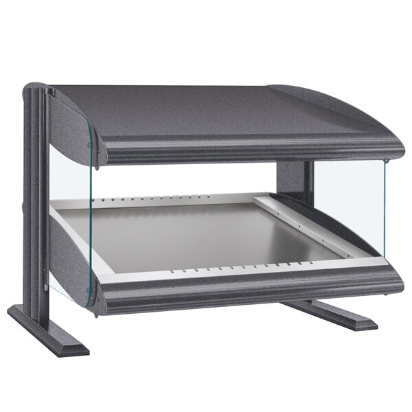 A black rectangular Hatco countertop heated shelf with a glass top.