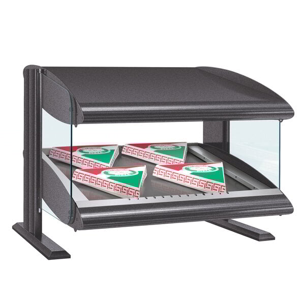 A black display case with pizza boxes inside on a counter.