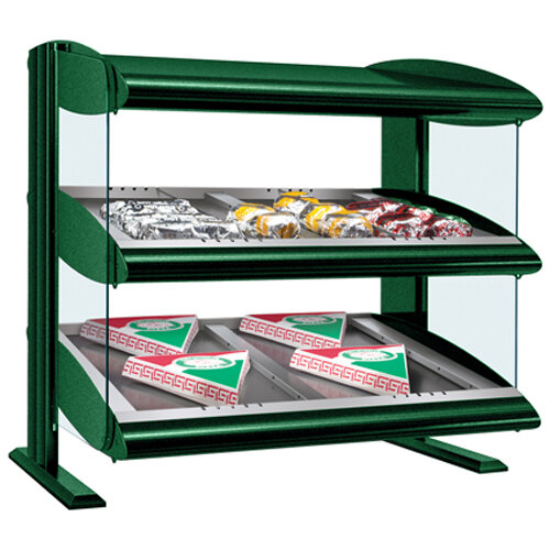 A Hunter Green Hatco countertop heated zone merchandiser with food displayed inside.