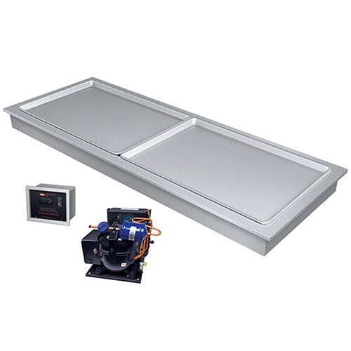 A rectangular metal tray with two Hatco drop-in frost pans over a black Hatco box.