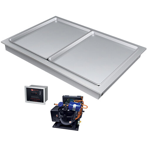 A rectangular metal tray with two Hatco pans inside and a machine on top.