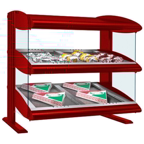 A red Hatco countertop food display case with food in it.