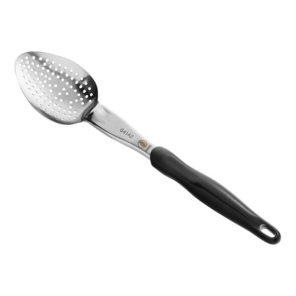 A Vollrath Jacob's Pride basting spoon with a black ergo grip handle and perforated bowl.