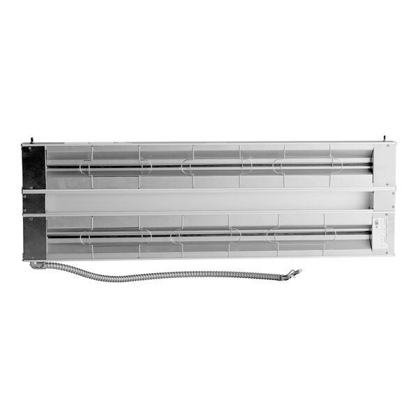 An aluminum dual high wattage infrared warmer with a 48-inch length, protective grill, and attached power cord.