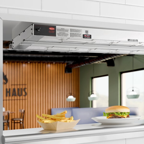 A 48-inch aluminum dual high wattage infrared food warmer with a 3-inch spacer and toggle controls, mounted above a serving counter.